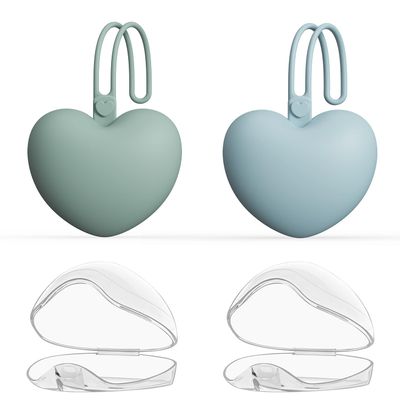 4PCS Pacifier Holder Case Set, 2pcs Silicone Portable Pacifier Pouch and 2pcs Transparent Pacifier Storage Container, Cute Heart Shape Pacifier Storage Case for Newborn BabyGreen&Blue