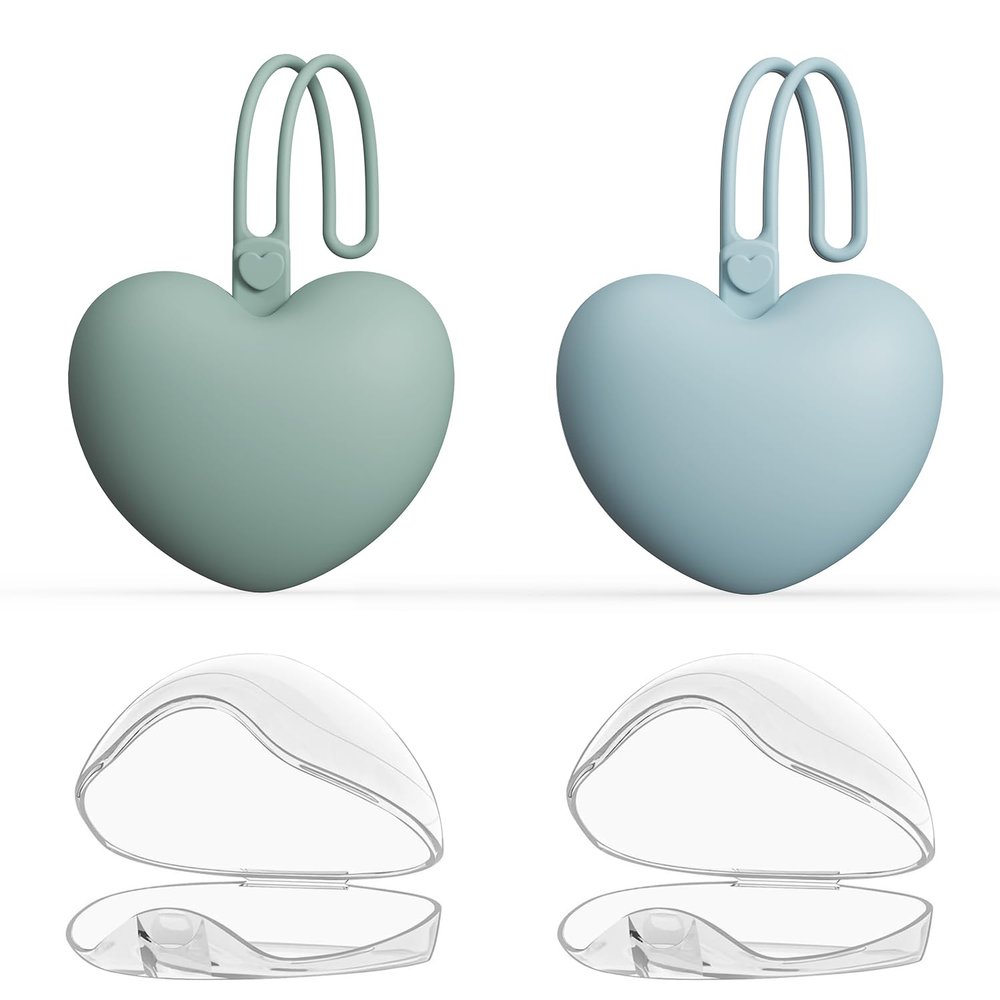 4PCS Pacifier Holder Case Set, 2pcs Silicone Portable Pacifier Pouch and 2pcs Transparent Pacifier Storage Container, Cute Heart Shape Pacifier Storage Case for Newborn BabyGreen&Blue
