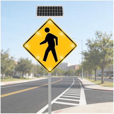 24in Solar Pedestrian Crossing Sign, Aluminum Road Traffic Blinking Street Warning Sign for Park School Urban Community A