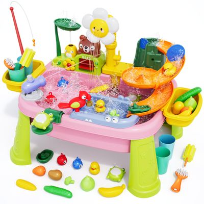 2026 New Kids Sand & Water Table Toys for Toddlers, Multifunctional Play Kitchen Sink with Fishing Game, Spray Function,Kitchen Toys, 360 Electric Faucet,Summer Indoor Outdoor Gifts for Boys Girls
