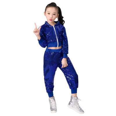2Pcs Girls Dance Outfits Cropped Sequin Jacket Pants Set, Kids Hip Hop Dance Clothes for 80s 90s Party(Blue, 9-10 Years)