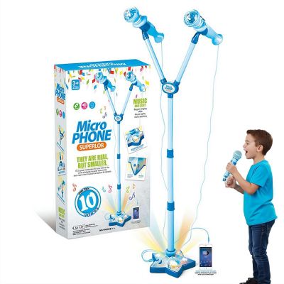 Rechargeable Karaoke Machine Toys with 2 Mic,Stand Microphone Toy with Speakers and Lights,Portable Adjustable Height Karaoke Machine for Singing,Fun Activities for Family Party and Birthday