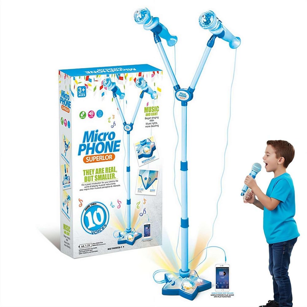 Rechargeable Karaoke Machine Toys with 2 Mic,Stand Microphone Toy with Speakers and Lights,Portable Adjustable Height Karaoke Machine for Singing,Fun Activities for Family Party and Birthday