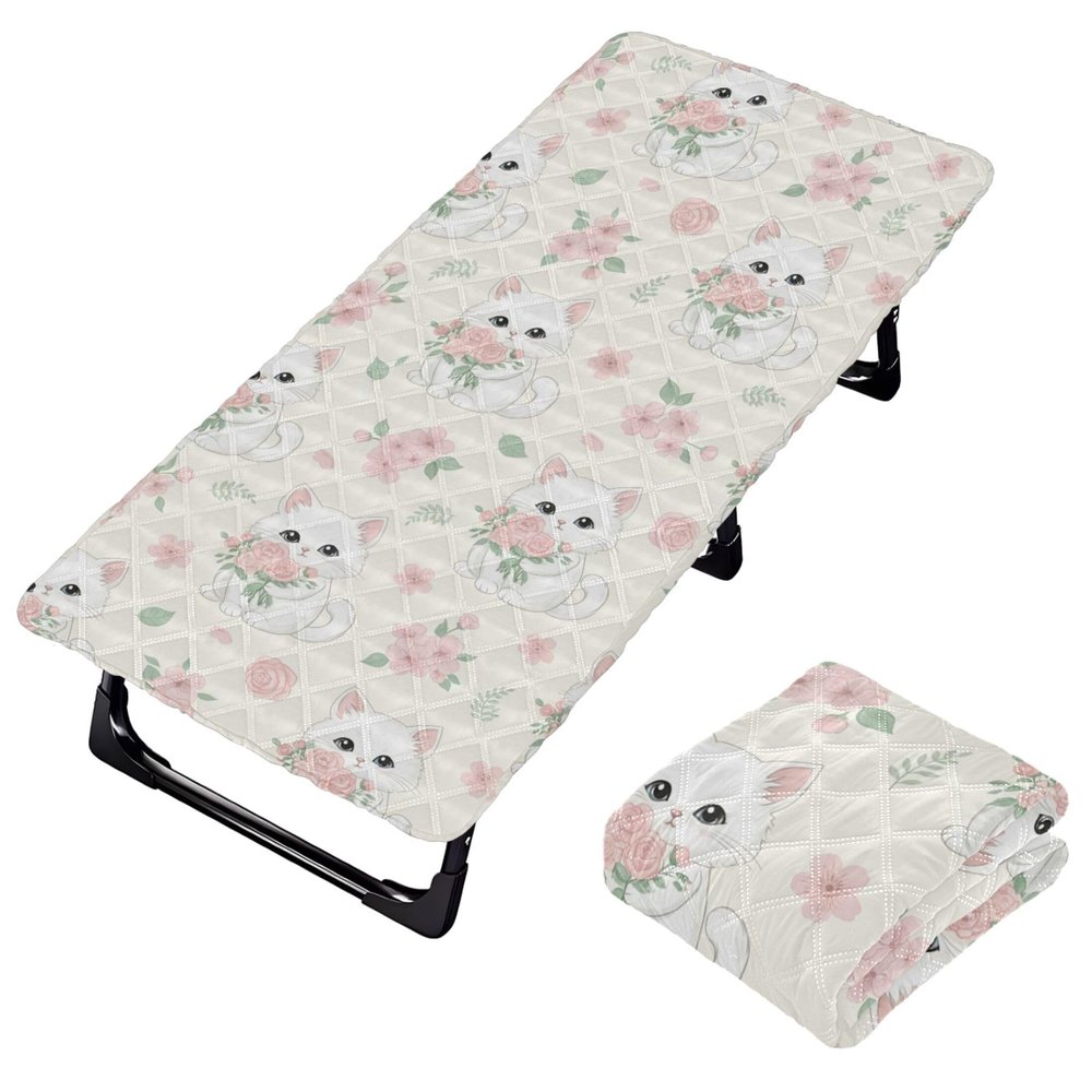 Burbuja White Cat Flower Cot Sheet for Toddlers, Portable Padded Nap Mat Sheet with Elastic Band for Girls Boys, Machine Washable, 25x50 in