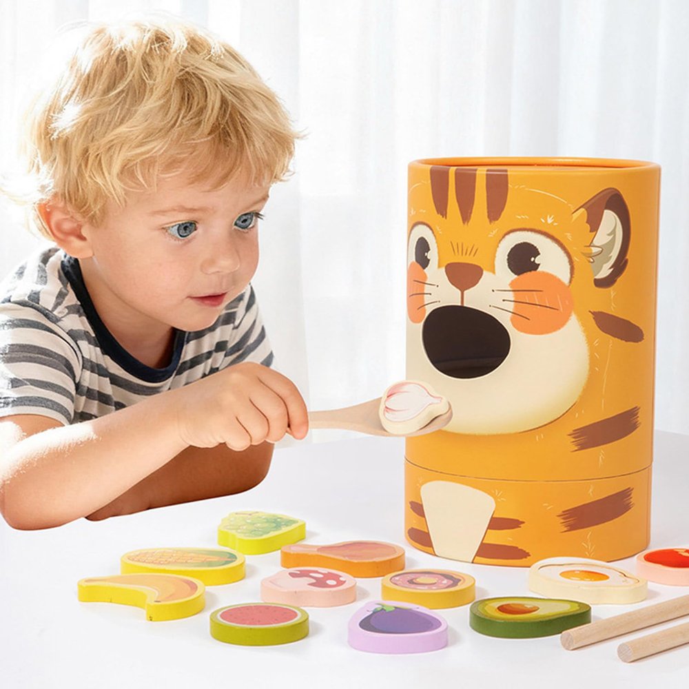 Asixxsix Wooden Feeding Toy, PretendPlay Food Set with Spoon and Chopsticks, Fine Motor Skills Scooping Toy for Toddlers Hand Eye Coordination