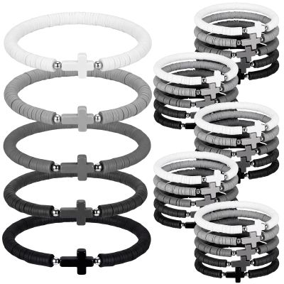 Landical 30 30/50 Pcs Cross Bracelets Bulk Jesus Bracelets Handmade Elastic Colorful Polymer Clay Bead Religious Wristbands Christian Wristband for Women Kid Easter VBS Gifts (Gradient Black)