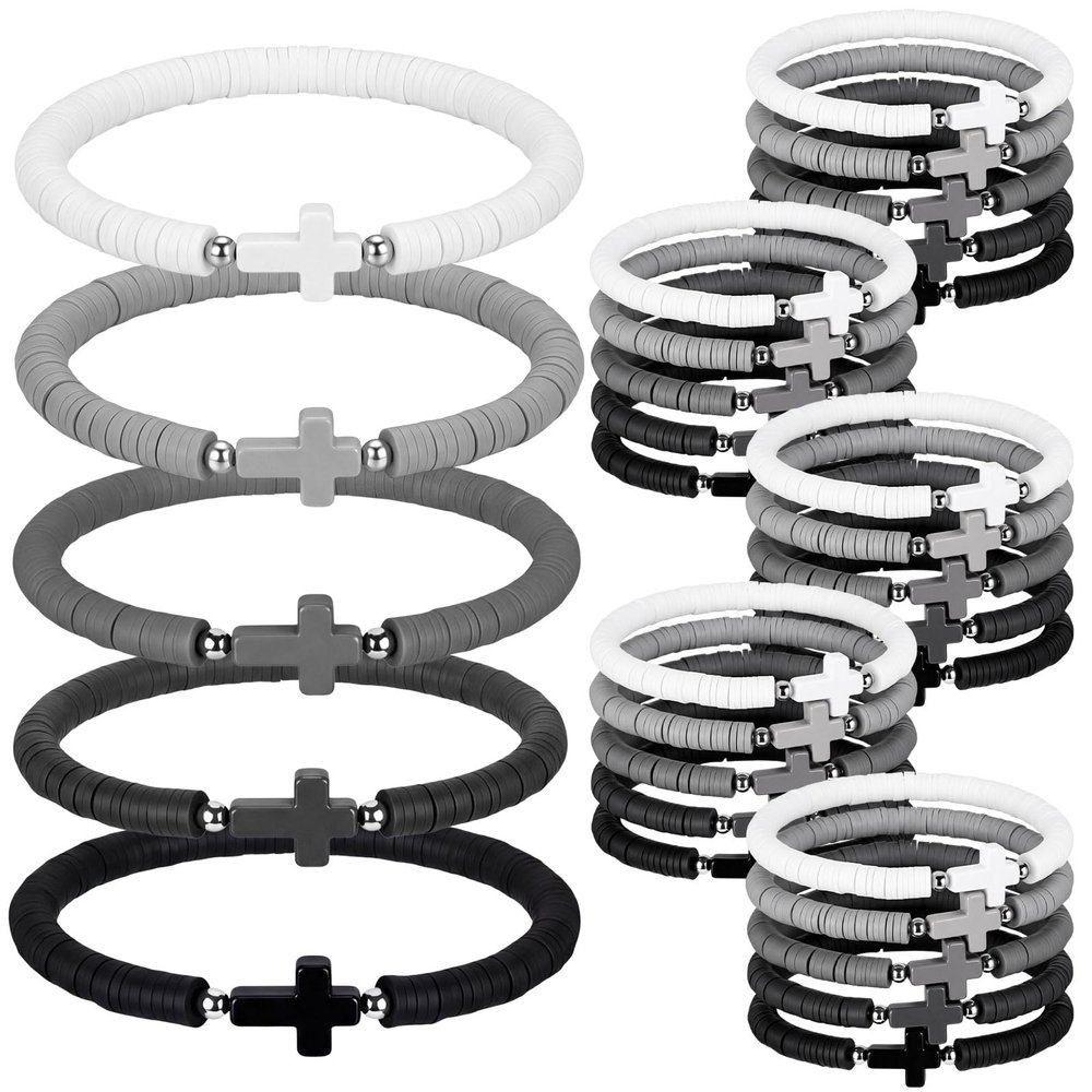 Landical 30 30/50 Pcs Cross Bracelets Bulk Jesus Bracelets Handmade Elastic Colorful Polymer Clay Bead Religious Wristbands Christian Wristband for Women Kid Easter VBS Gifts (Gradient Black)