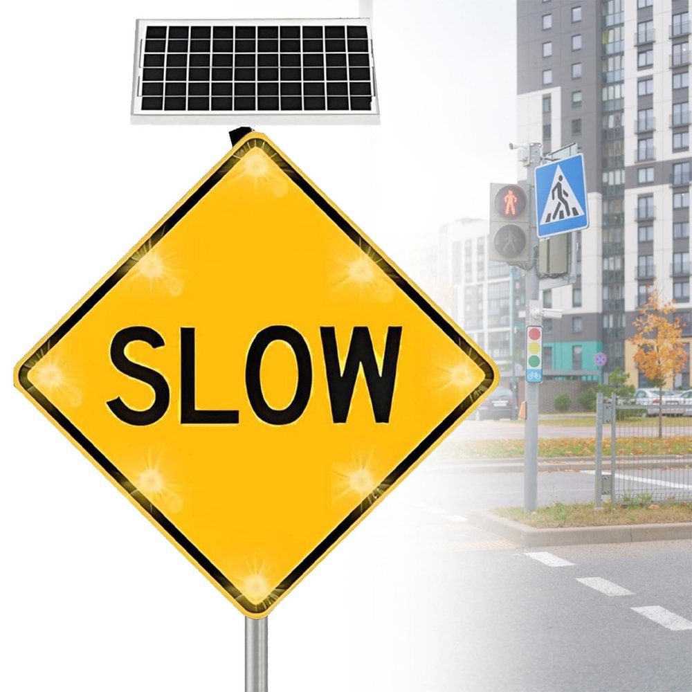 24in Solar Pedestrian Crossing Sign Flashing LED Highlight Road Traffic Blinking Street Warning Sign, for Park School Urban/Road Community C