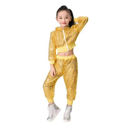 2Pcs Girls Dance Outfits Cropped Sequin Jacket Pants Set, Kids Hip Hop Dance Clothes for 80s 90s Party(Black, 5-6 Years)