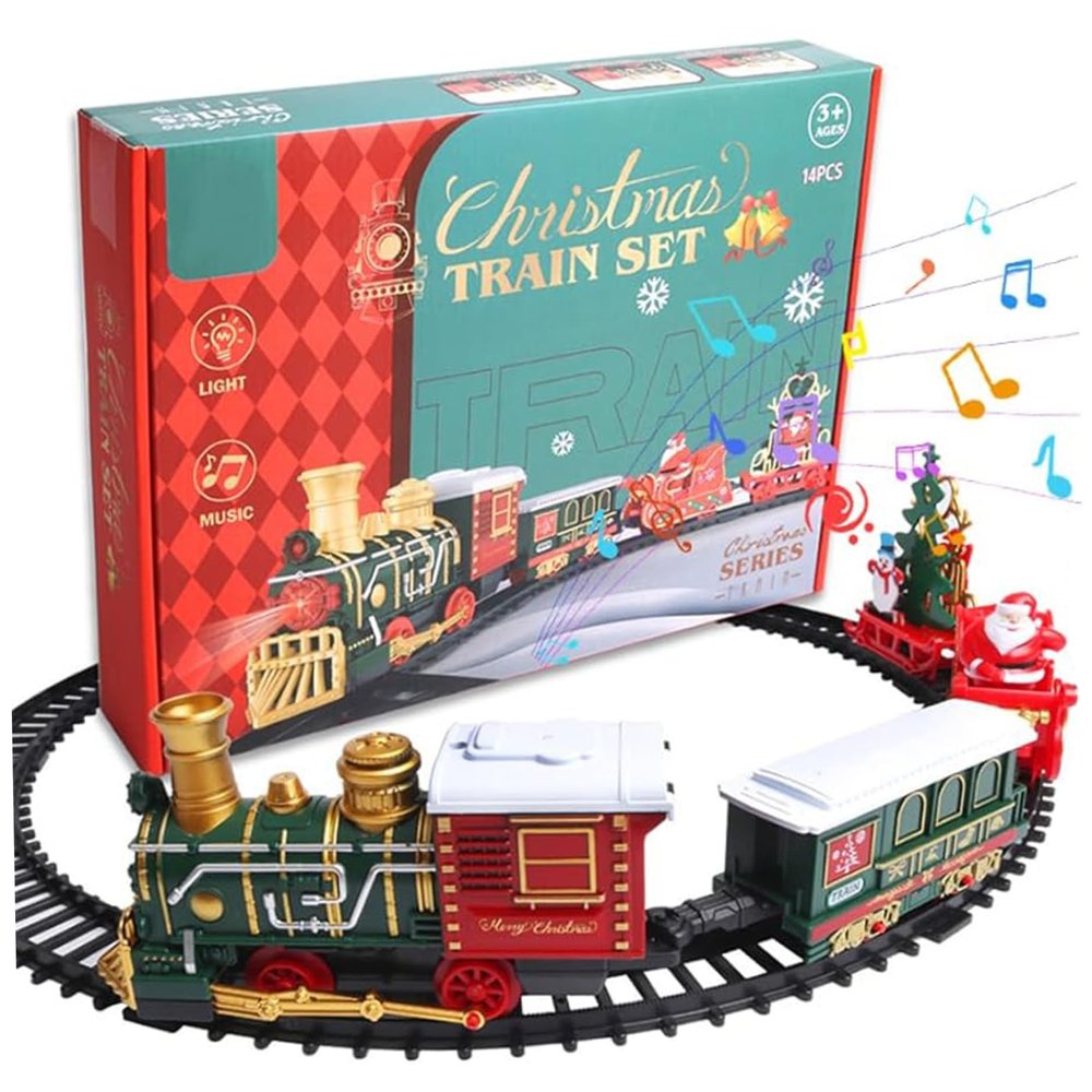 14Pcs Electric Train Set for Kids Light & Sounds Simulated Christmas Train with 4 Carriages Classical Christmas Sets with Tracks for Boys & Girls