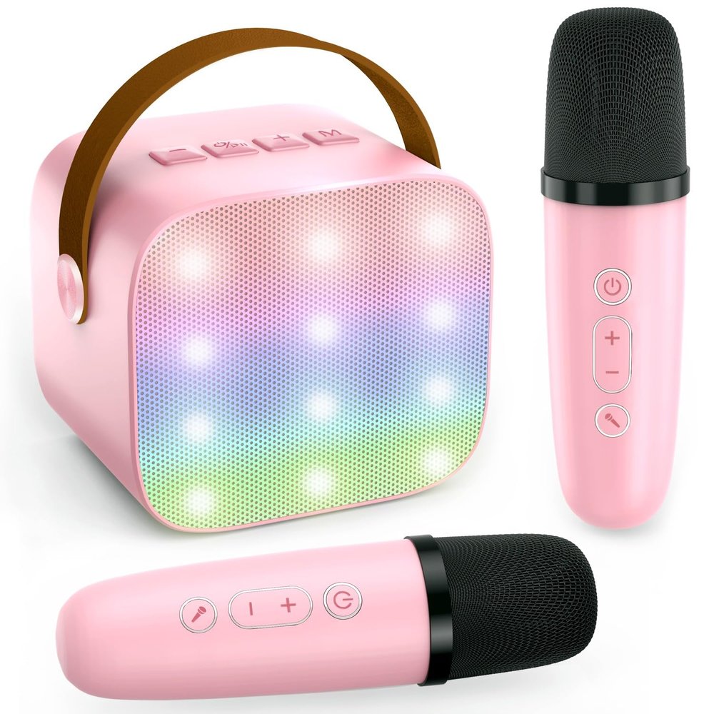 Mini Karaoke Machine for Toddlers - Birthday Gift for 3 4 5 6 7 8 9 10 11 12 Years Old Girls, Bluetooth Speaker Sets with 2 Wireless Microphones fits Family Fun Home Party Indoor&Outdoor, Pink