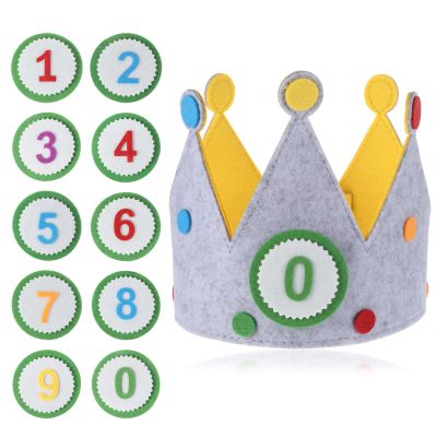 Aysatogc Birthday Crown Hat with Numbers, Felt Crown Birthday Hats Fabric Hat Interchangeable 3D Stickers Fabric Crowns Numbers 0-9 Party Decorations for Birthday