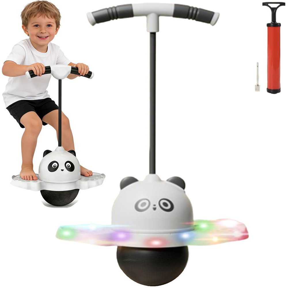 Balance Pogo Ball with Handle for Kids, Jumping Trick Ball Toy with Colourful LED Lights Panda Shape, Fun Bounce Toy for Boys Girls Balance Training (Black, with Light)