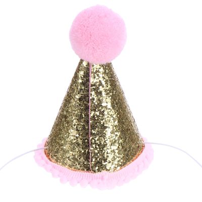 ERINGOGO Sequin Birthday Party Hat for, Pink Pom Pom Cone Hat, Non-Woven Photo Prop for Boys and Birthday Celebration