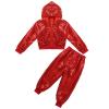 2Pcs Girls Dance Outfits Cropped Sequin Jacket Pants Set, Kids Hip Hop Dance Clothes for 80s 90s Party(Red, 7-8 Years) view 4