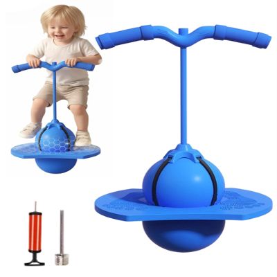 Balance Jumping Ball, Jumper Jumping Elastic Fitness Balance Bouncing Balls with Handle, Anti-Slip Footboard & Thickened, Wear-Resistant Sphere, Promote Development Coordination (Blue)
