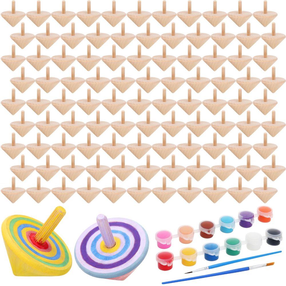 DoubleFill 100pcs DIY Wooden Spinning Tops Craft Kit, Back to School Gifts