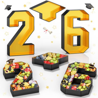 26 Fillable Number for Charcuterie with Grad Cap Shaped Cardboard Tray Black Gold 2026 Graduation Party Table Decorations 13.8'' Pre-cut Board Storage Decorative Paper Mache Box College Grad