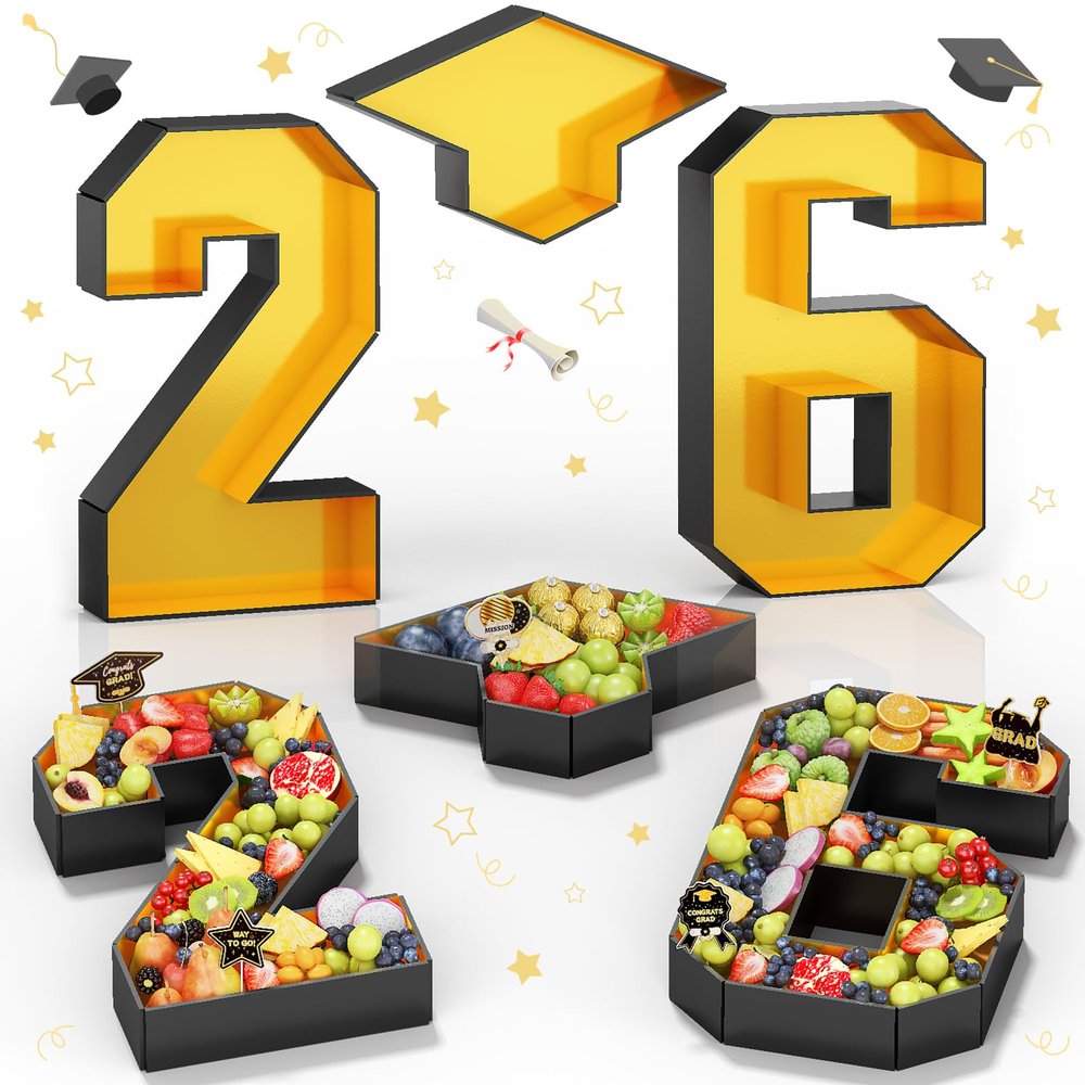 26 Fillable Number for Charcuterie with Grad Cap Shaped Cardboard Tray Black Gold 2026 Graduation Party Table Decorations 13.8'' Pre-cut Board Storage Decorative Paper Mache Box College Grad