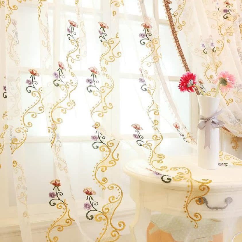 HooHero Beige 50 Width Sheer Curtains Rod Pocket Home Decoration Gorgeous Style Exquisite Floral Embroidered for Kids Nursery Room