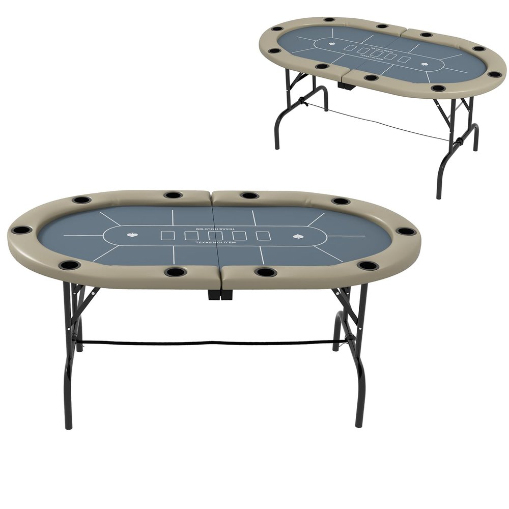 FHUKMZOI 70" Oval Foldable Poker Table, Blackjack Gaming Texas Holdem Tables for 8-10 Players, Casino Gambling Table with Cup Holders for Home Games Parties Poker Nights (Oval)