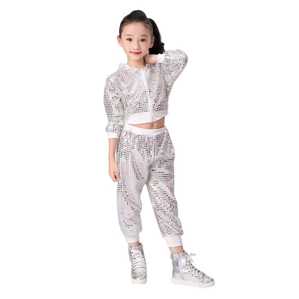 2Pcs Girls Dance Outfits Cropped Sequin Jacket Pants Set, Kids Hip Hop Dance Clothes for 80s 90s Party(White, 5-6 Years)