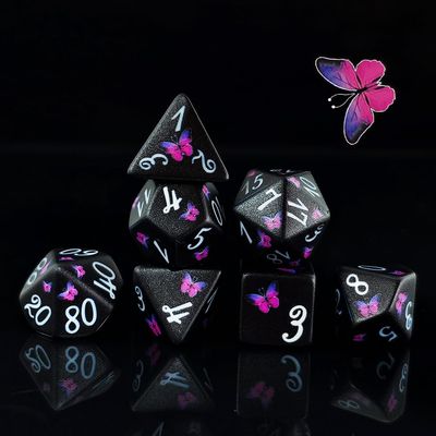 Butterfly Dice Set, Black Acrylic Printed Polyhedral Dice with Purple Pink Butterfly Design, 7 Piece RPG Gaming Dice Set (HSPT58)