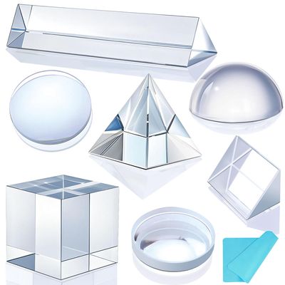 7 PCS K9 Optical Crystal Prism & Lens Set, 50mm Cube/Pyramid/Dome/Right-Angle/150mm Equilateral Prism, Biconvex/Biconcave Lens, for Photography Teaching Entertainment