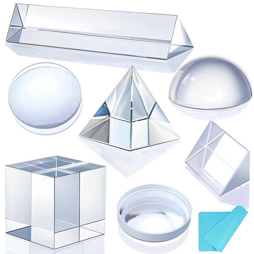 7 PCS K9 Optical Crystal Prism & Lens Set, 50mm Cube/Pyramid/Dome/Right-Angle/150mm Equilateral Prism, Biconvex/Biconcave Lens, for Photography Teaching Entertainment