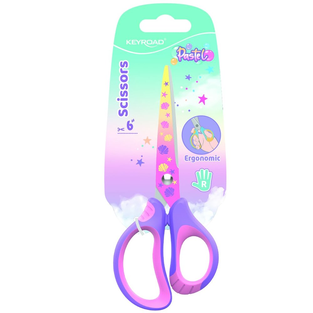 KEYROAD Pastel School Scissors, Children's Scissors, 1 Piece, 15.5 cm, with Ergonomic Soft Handle, Ideal for Children's Hands, Mixed Colours, School, Mixed Colours