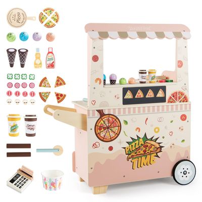 Costzon Wooden Pizza Food Truck, Kids Pretend Play Snack Shop Playset w/Oven, Magnetic Blackboard, Ice Cream, POS Machine, Wheels, Toddler Stand Activity Center Push Cart for Boys Girls 3+