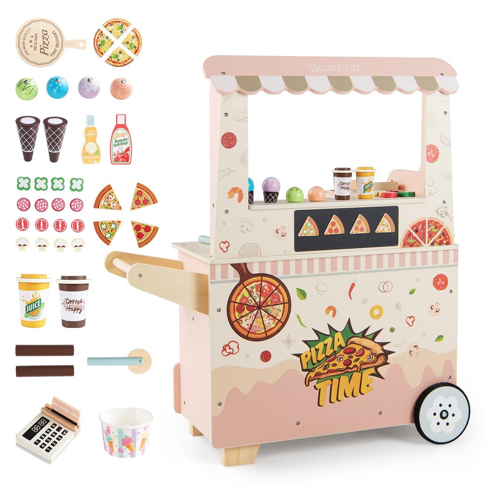 Costzon Wooden Pizza Food Truck, Kids Pretend Play Snack Shop Playset w/Oven, Magnetic Blackboard, Ice Cream, POS Machine, Wheels, Toddler Stand Activity Center Push Cart for Boys Girls 3+