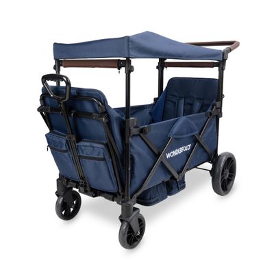 WONDERFOLD X2R Rev Stroller Wagon (2 Seater) - Collapsible Stroller Wagon with 5-Point Seatbelt Harnesses, Reclining Seats & Footwells, Navy