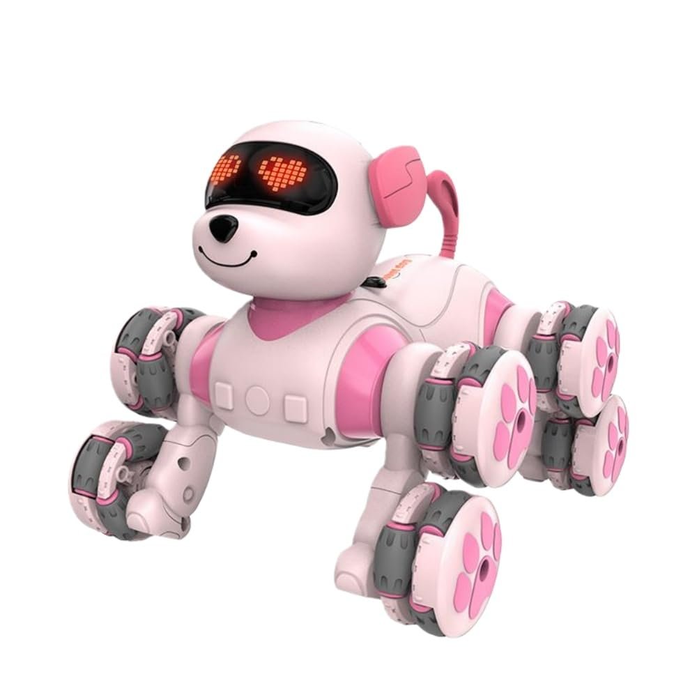 ATNMGYT DIY Coding Pup Interactive Robot Dog Toy, Remote Control Smart Pet with Touch Sensing, Lighting, Music, Stories, Stunt Actions, Educational STEM Toy for Kids, 18cm x 19cm (Pink)