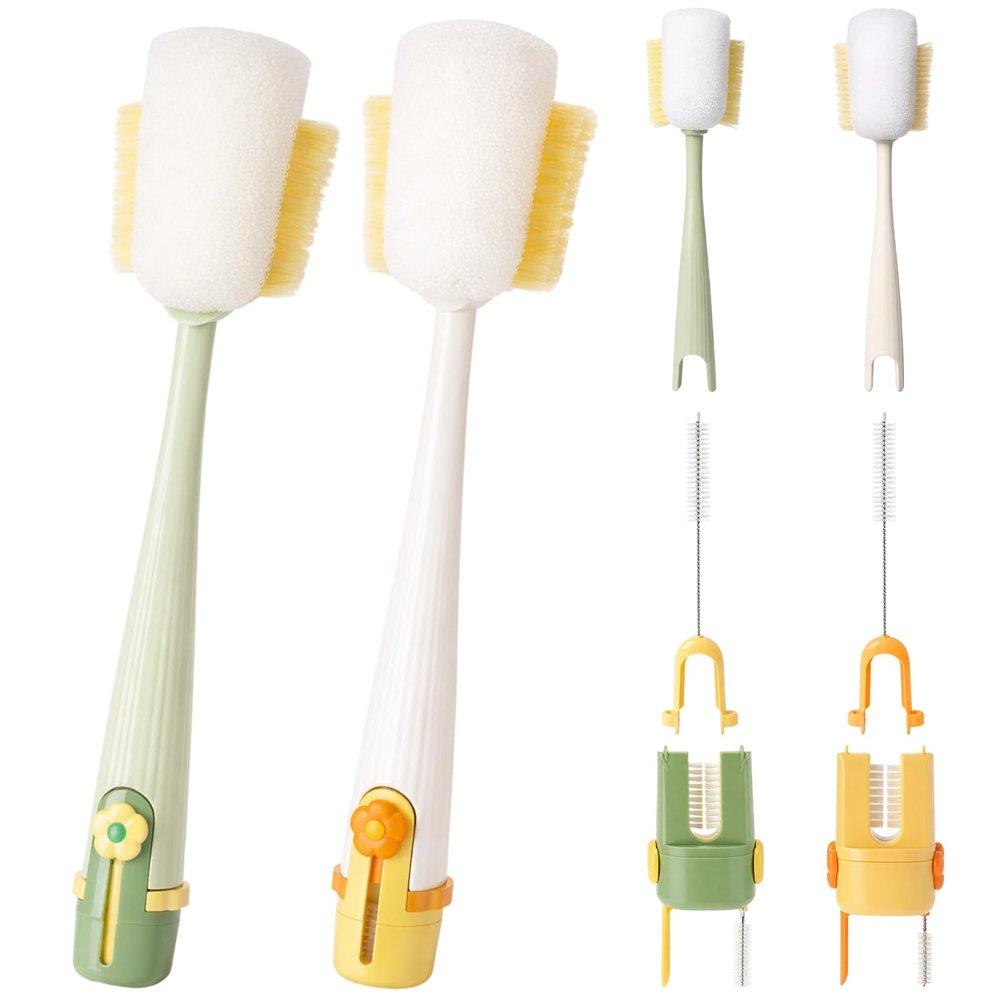 2 PCS 5 in 1 Bottle Cleaning Brush, Multifunctional Cleaning Brush, Deep Clean Narrow Bottle Necks and Straws, Efficient Bottle Scrubber Brush for Home and Travel Use (Green and Yellow)