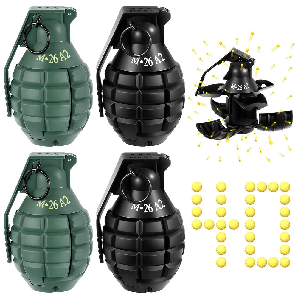 Sratte 4 Pcs Toy Hand Grenade for Cs Game with 20 Round Foam Ammo Model Tactical Fake Grenade for 14+ and Adults Outdoor Army Military Camo Party Favors Pretend Role Play Prop Game(Black, Green)