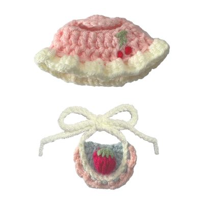 10cm (4 Inch) Doll Clothes ,Hand Knitted Designer Outfit for 10cm Mini Dolls , Stylish Adorable 2-Piece Set with Hat+ Drool Bib, Doll Clothes Accessories, Needlework Crafts (NO Doll) Pink_A2