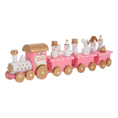 Beavorty Christmas Wooden Train 4-Section Winter Wonderland Wooden Mini Train Set Adornment Table Ornament for Christmas Party Decorations Under Tree Pink Winter Wonderland