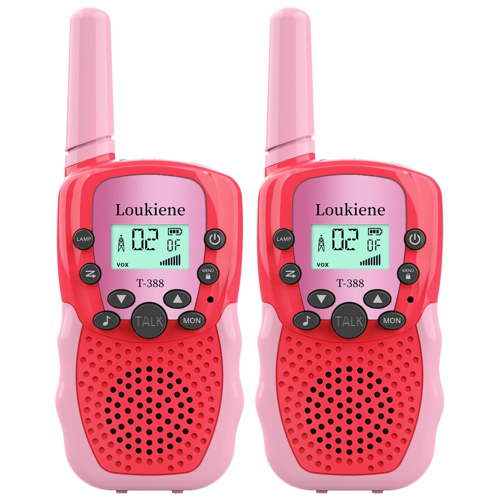 LOUKIENE Walkie Talkies for Kids 22 Channels 2 Way Radio Toy, Toys for 3-12 Year Old Boys Girls, with Backlit LCD Flashlight, 3 Kilometer Range for Outside, Camping, Hiking (1 Pair, Red Pink)