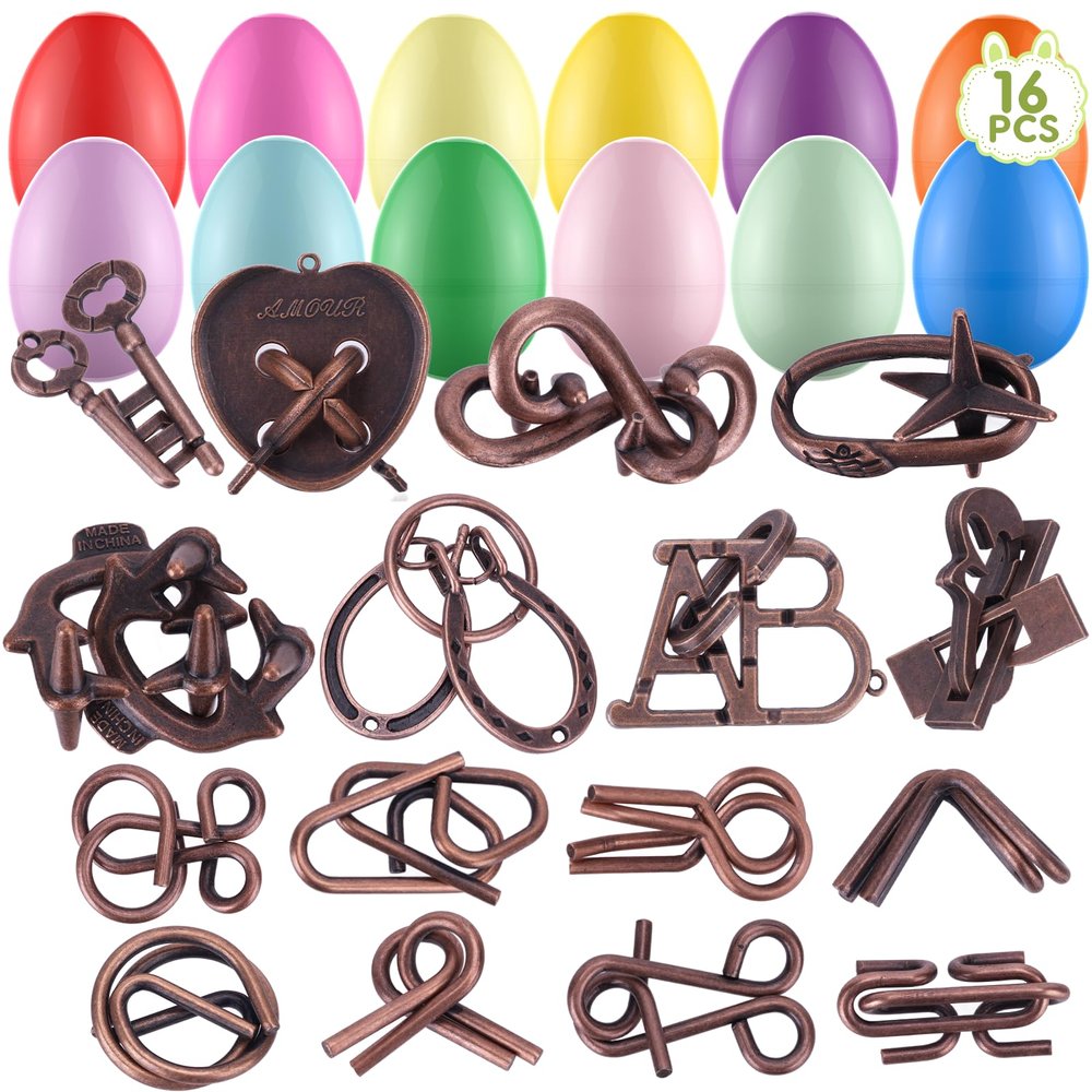 16 Pack Easter Eggs Filled with Brain Teaser Puzzles Toys, Easters Basket Stuffers for Kids Teens Adults, Easters Egg Fillers for Kids Boys Girls, Easter Eggs Hunt Game, Classroom Prize Supplies