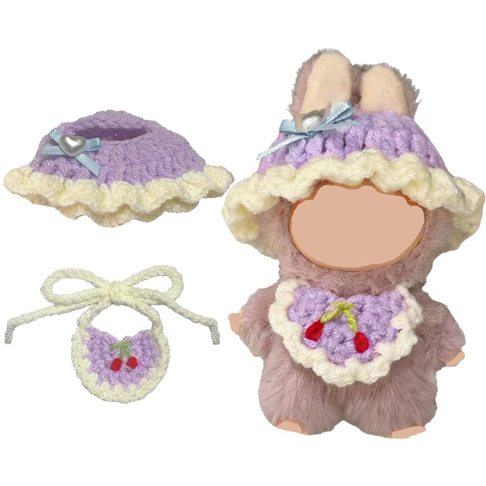 10cm (4 Inch) Doll Clothes ,Hand Knitted Designer Outfit for 10cm Mini Dolls , Stylish Adorable 2-Piece Set with Hat+ Drool Bib, Kawaii Doll Clothes Accessories, Needlework Crafts (NO Doll) Purple