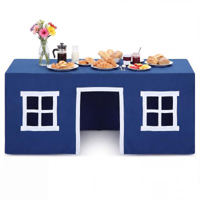 Oudain 10ft x 7.5ft Large Tablecloth Playhouse for Kid Table Fort Cover Table Cloth Tent Playhouse for Dining Room Birthday Indoor Outdoor Party Playground (Blue White, Window Cottage)