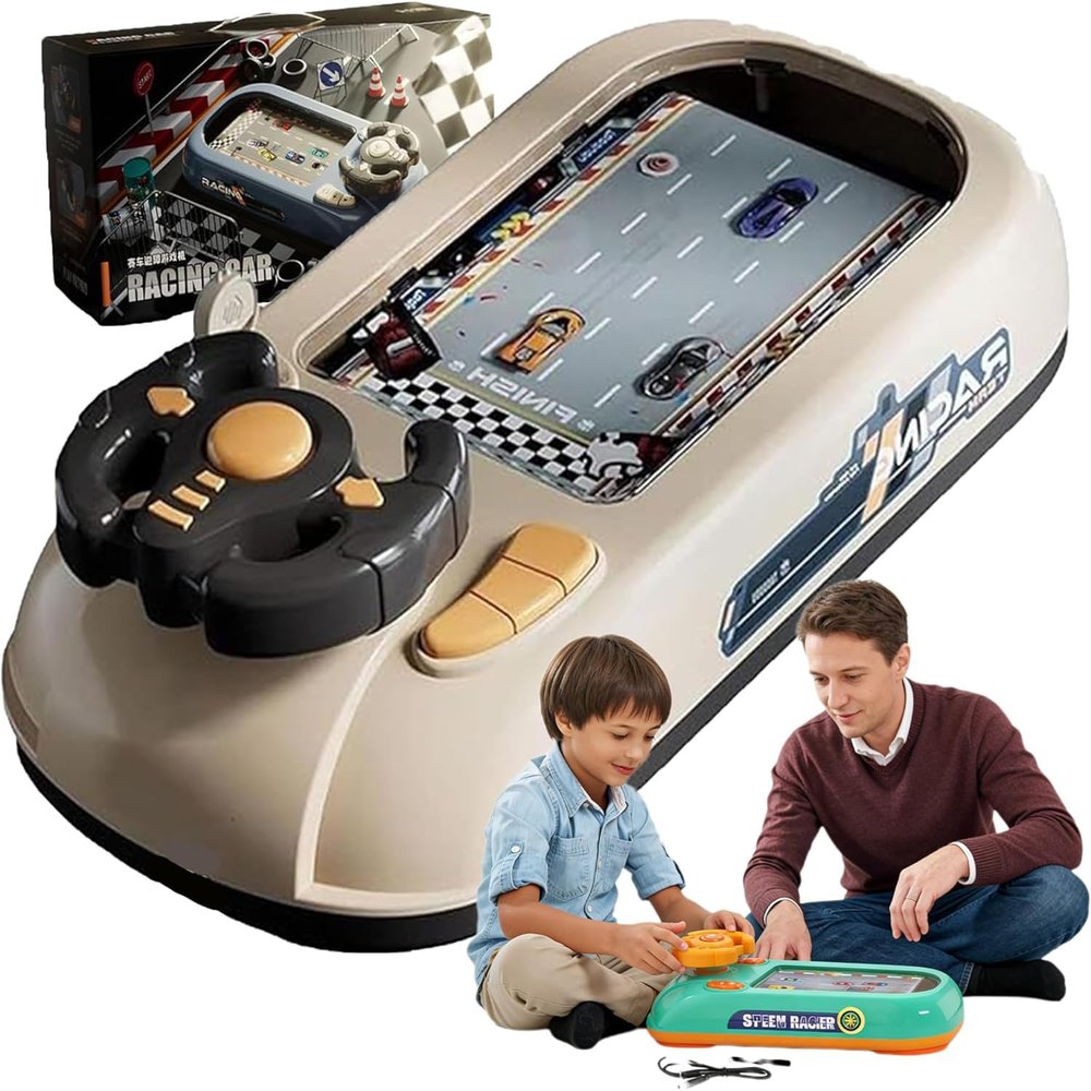 Turborace Interactive Game Set with 200 Challenges, Desktop Car Racing Game with Steering Wheel, Obstacle Avoidance Driving Simulator, Musical Racing Adventure (White)