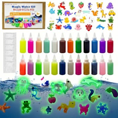 24 Colors Magic Water Gel Kit Refill with 32 Molds,Creative Aqua Fairy Toy Gift from Parents - Relaxing Family Bonding Activity for Birthday Parties & Holidays(12 Solid+6 Glow+4Sparkling+2Pearlescent)