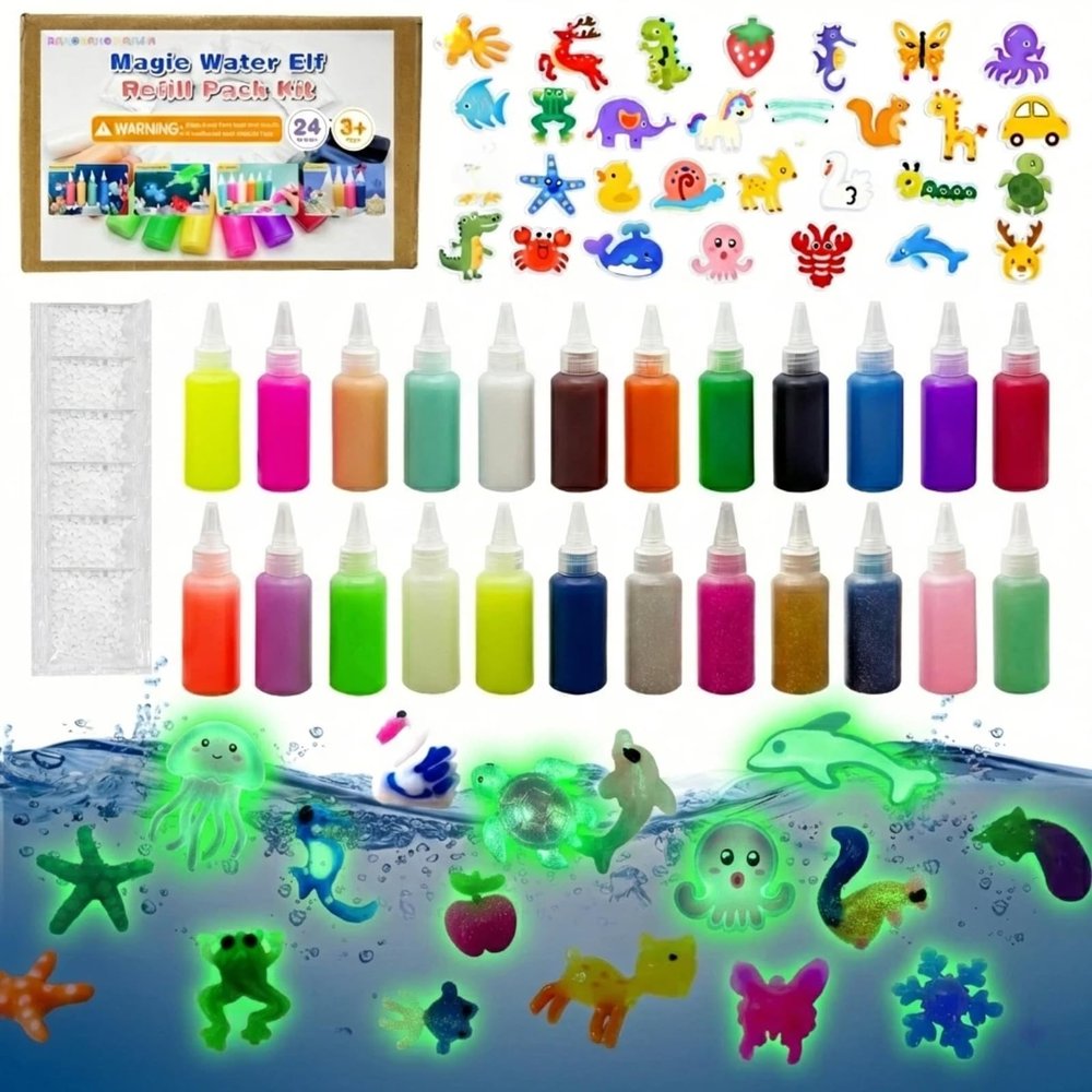 24 Colors Magic Water Gel Kit Refill with 32 Molds,Creative Aqua Fairy Toy Gift from Parents - Relaxing Family Bonding Activity for Birthday Parties & Holidays(12 Solid+6 Glow+4Sparkling+2Pearlescent)