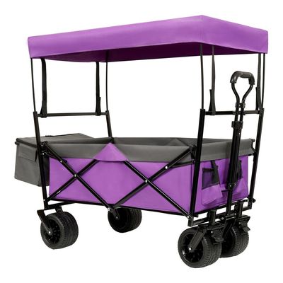 Heavy-Duty Collapsible Wagon with Removable Canopy and Mosquito Net, All-Terrain Wheels, Adjustable Handle, Large Capacity for Camping, Beach, Garden & Shopping (Purple + Steel)