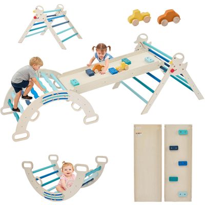 NEWBULIG Pikler Triangle Set, Montessori Wooden Kids Climbing Frame, Indoor Outdoor Jungle Gym with Climbing Net & Ramp, Playground Jungle Gym for Toddlers, Stable Anti-Slip Design