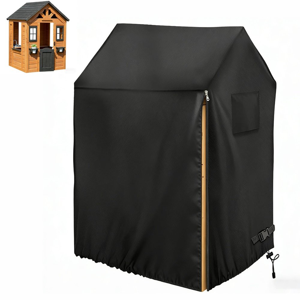 Onlyme Outdoor Playhouse Cover for Kids, Heavy Duty Oxford Fabric Sun Protection Cover for Outside Playhouse, Easy On with Side Zipper, 42.13 x 42.13 x 55.12 Inches (Black)