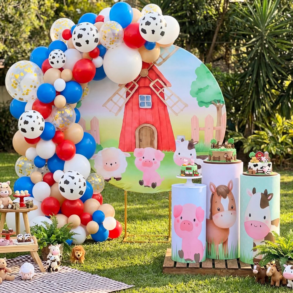 146 Pcs Farm Animals Arch Backdrop Cover Cylinder Stand Covers balloons set for party Photo Props 7.2 feet Animal Round Backdrop Covers for Farmhouse Country Birthday Baby Shower Ceremony Party Decor