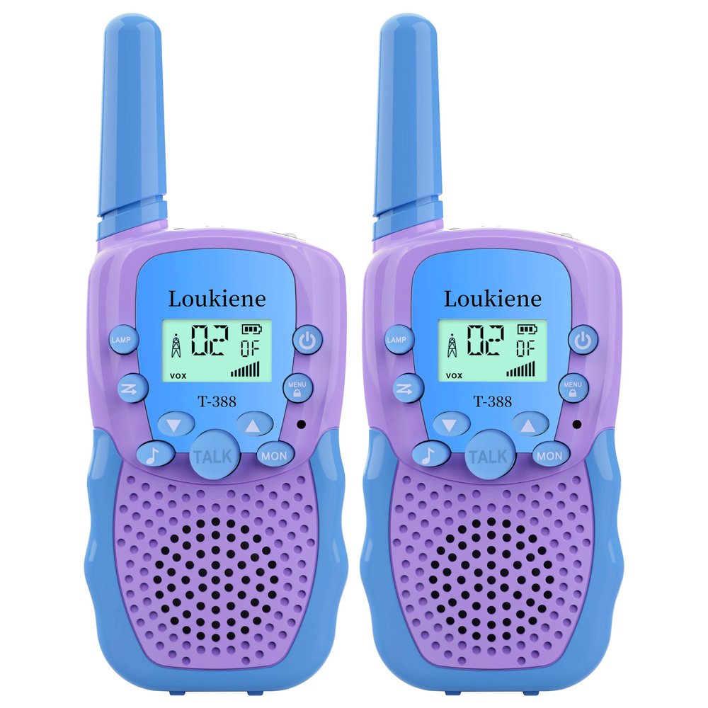 LOUKIENE Walkie Talkies for Kids 22 Channels 2 Way Radio Toy, Toys for 3-12 Year Old Boys Girls, with Backlit LCD Flashlight, 3 Kilometer Range for Outside, Camping, Hiking (1 Pair, Purple Blue)